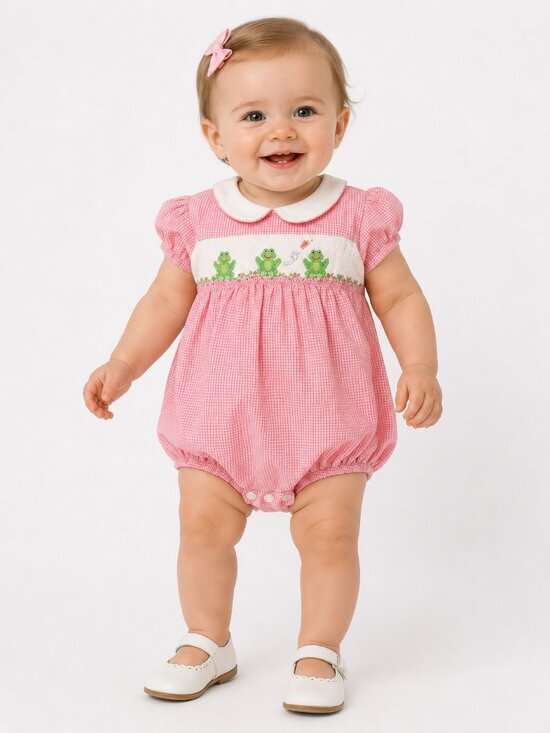 Silly Goose Other - Silly Goose 18M Pink Gingham Frog Embroidered Bubble Romper Classic Whimsy